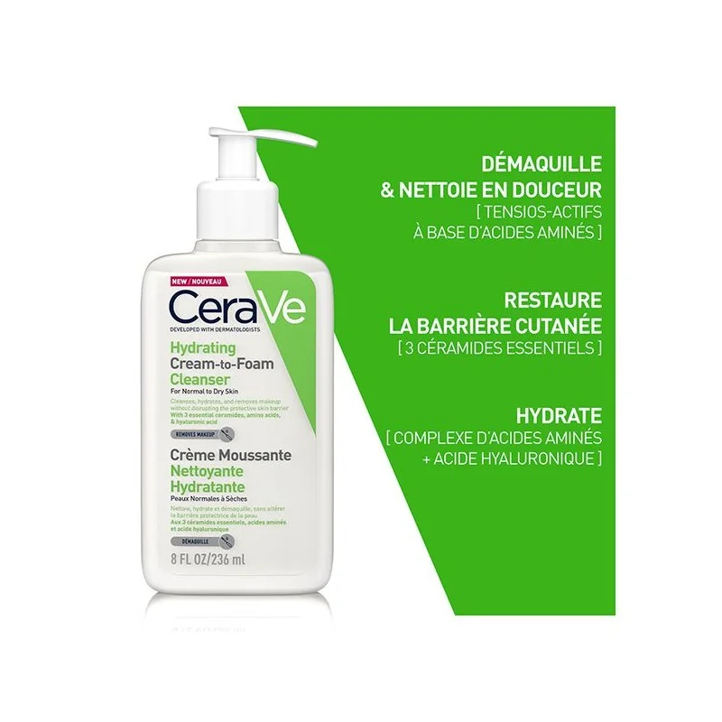 CERAVE CREME MOUSSANTE NETTOYANTE HYDRATANTE PEAUX SECHES 236ML - الصورة 3
