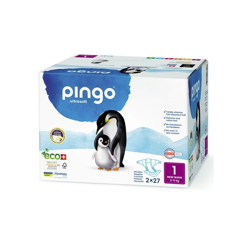 PINGO COUCHES ÉCOLOGIQUES JETABLES NEW BORN JUMBO TAILLE 1 (2-5 KG) 2X27 COUCHES - Image 2